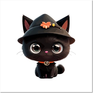 Cute black Halloween kitty in a hat Posters and Art